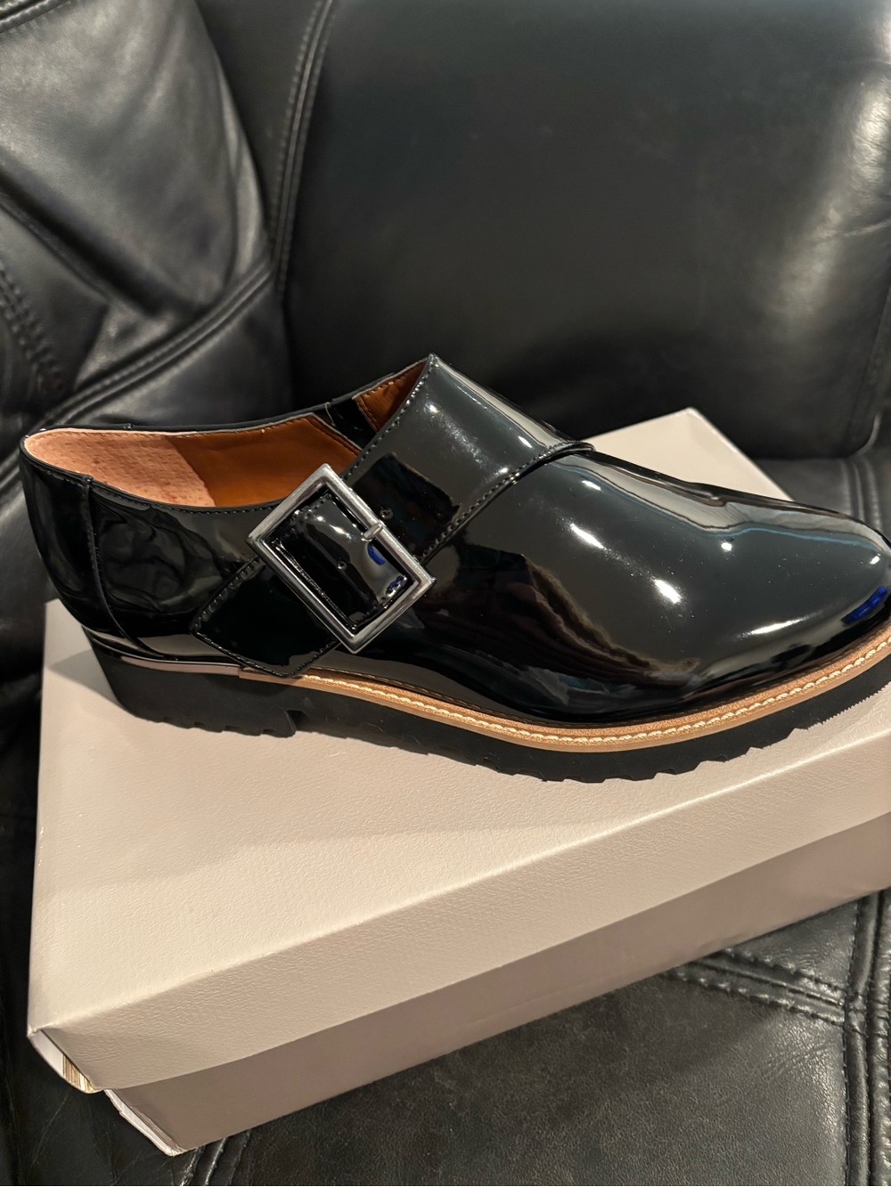 Franco Sarto Black Patent Monk-Strap Clog